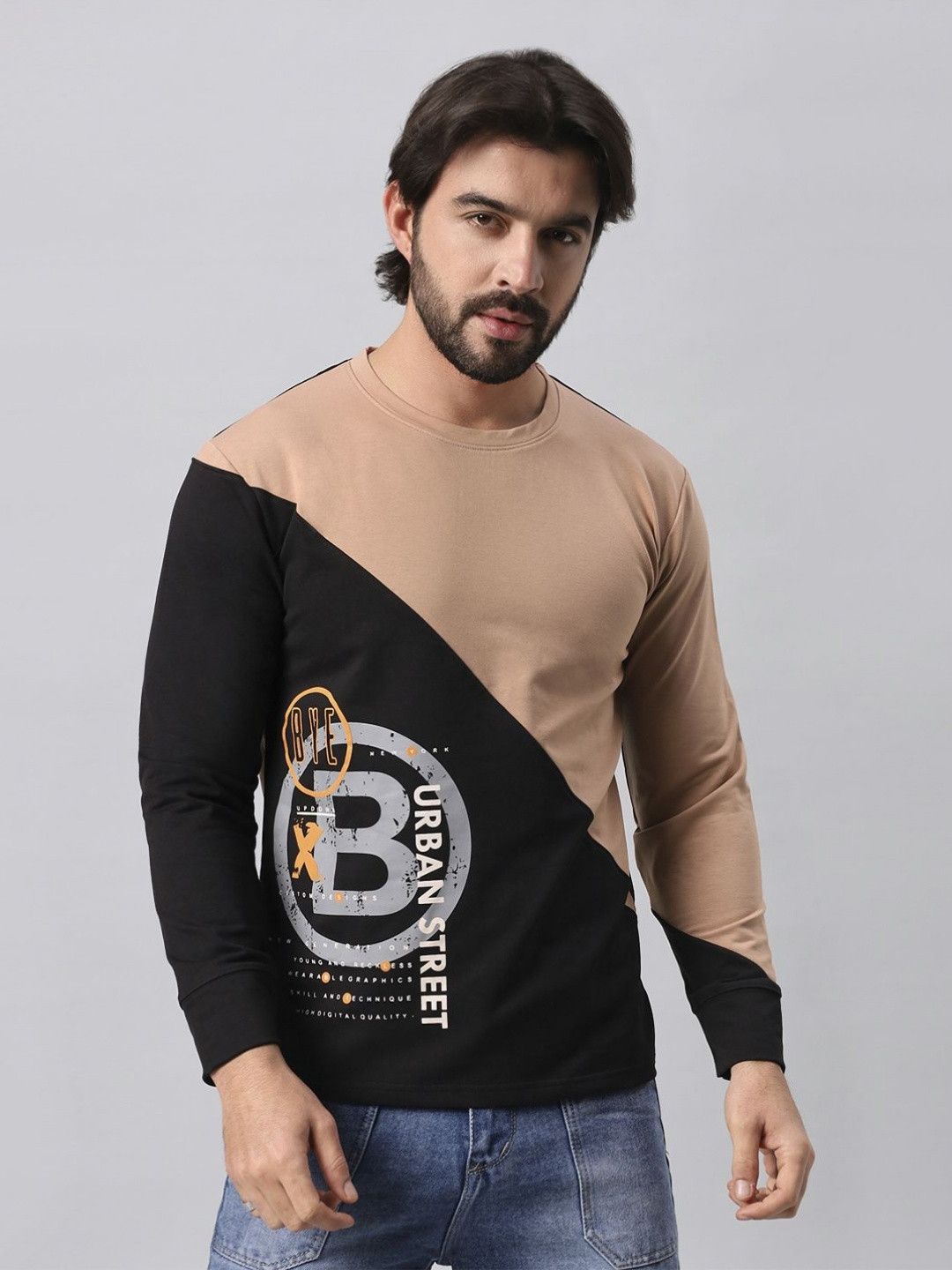 BE POSITIVE Colourblocked Round Neck T-shirt