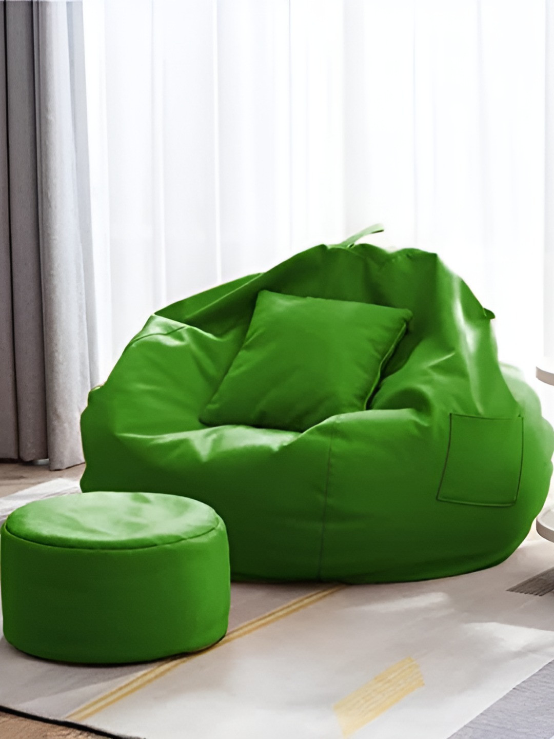 AARIJ MART Green 3 Pieces Leather Bean Bag With Footrest & Cushion