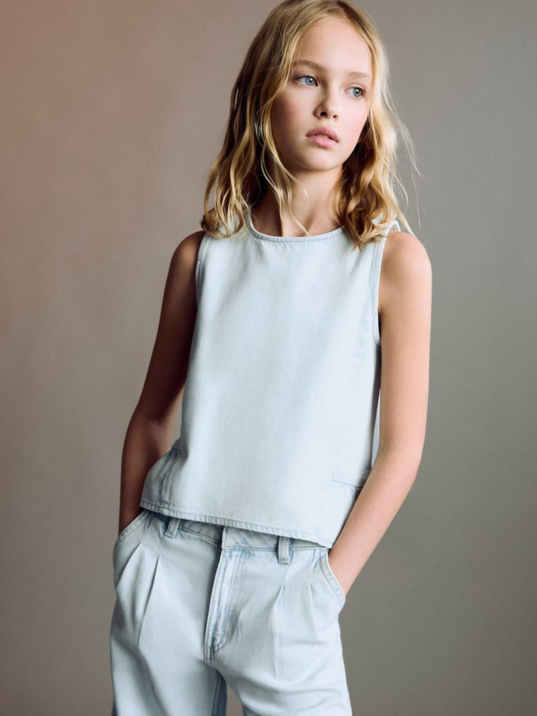 Mango Kids Girls Frilled Pure Cotton Denim Top