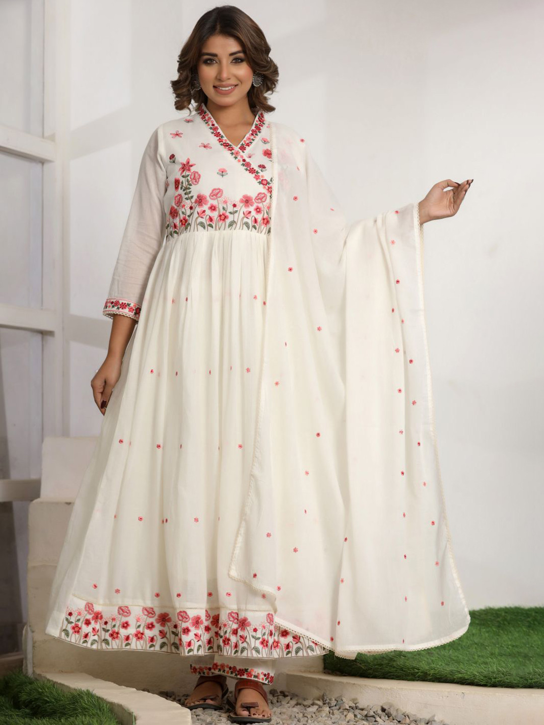 Sindh Fashion Floral Embroidered Empire Thread Work Anarkali Kurta With Trousers & Dupatta