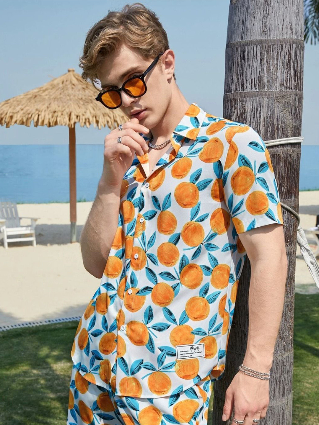 SZN Orange Graphic Print Spread Collar Shirt