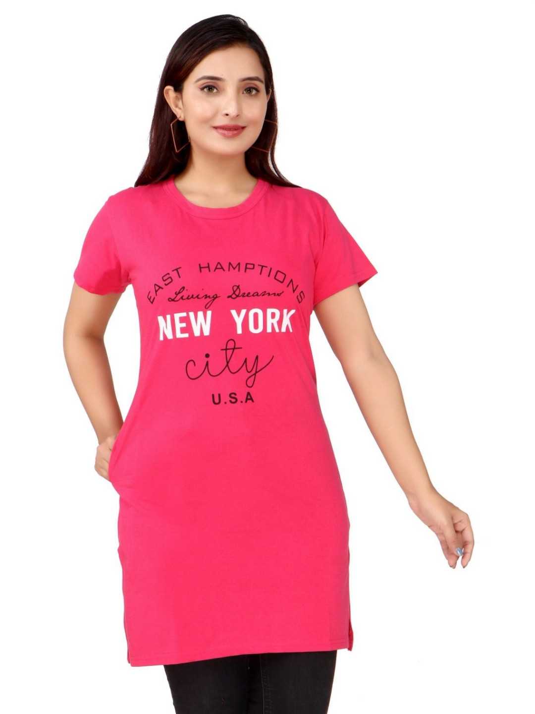 WOOL 4U Typography Printed Round Neck Cotton Longline T-shirt