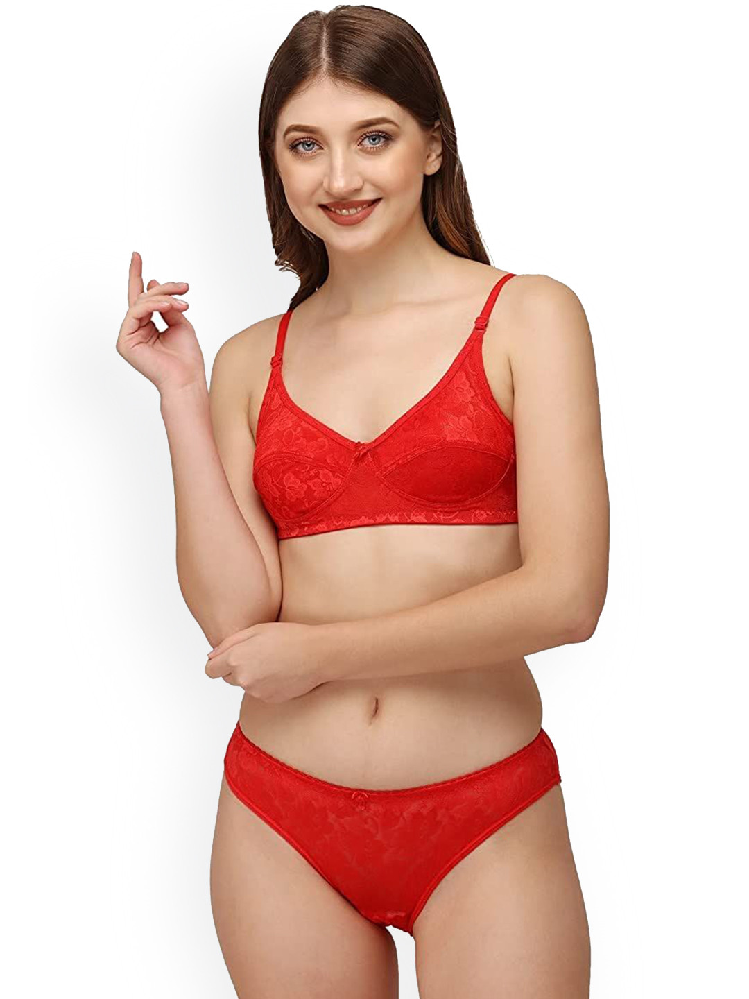 Exotica Lingerie Exotica Self Design Red Non-Padded And Non-Wired Lingerie Set
