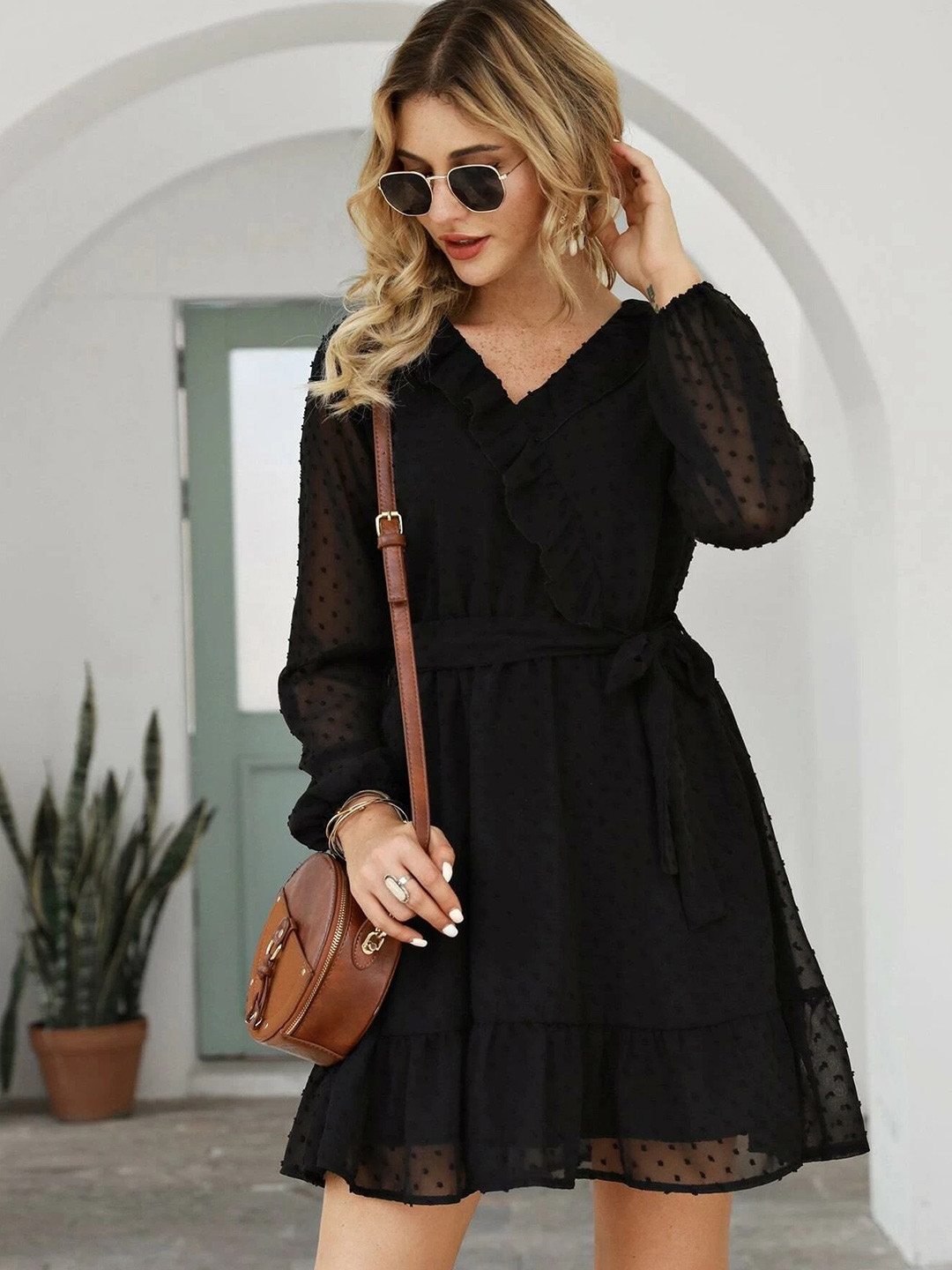 FERY LONDON Self Design V-Neck Fit & Flare Dress