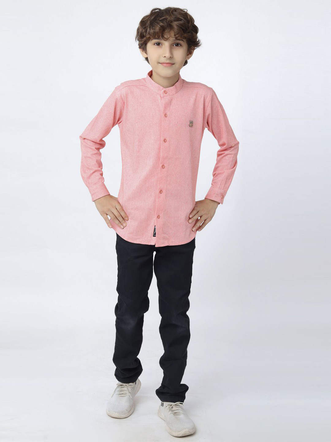 BEARSOUL Boys Solid Band Collar Cotton Casual Shirt