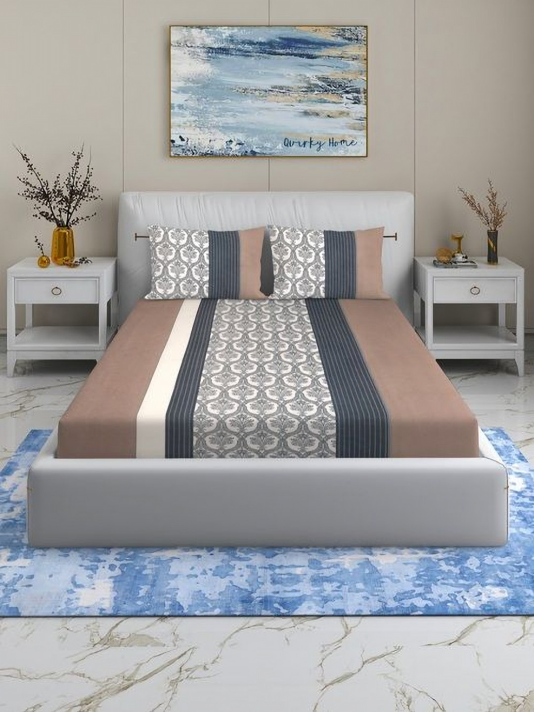 Quirky Home Coffee Brown Floral Microfiber 180 TC King Superfine Bedsheet with 2 Pillow Covers-274 x 274 cm