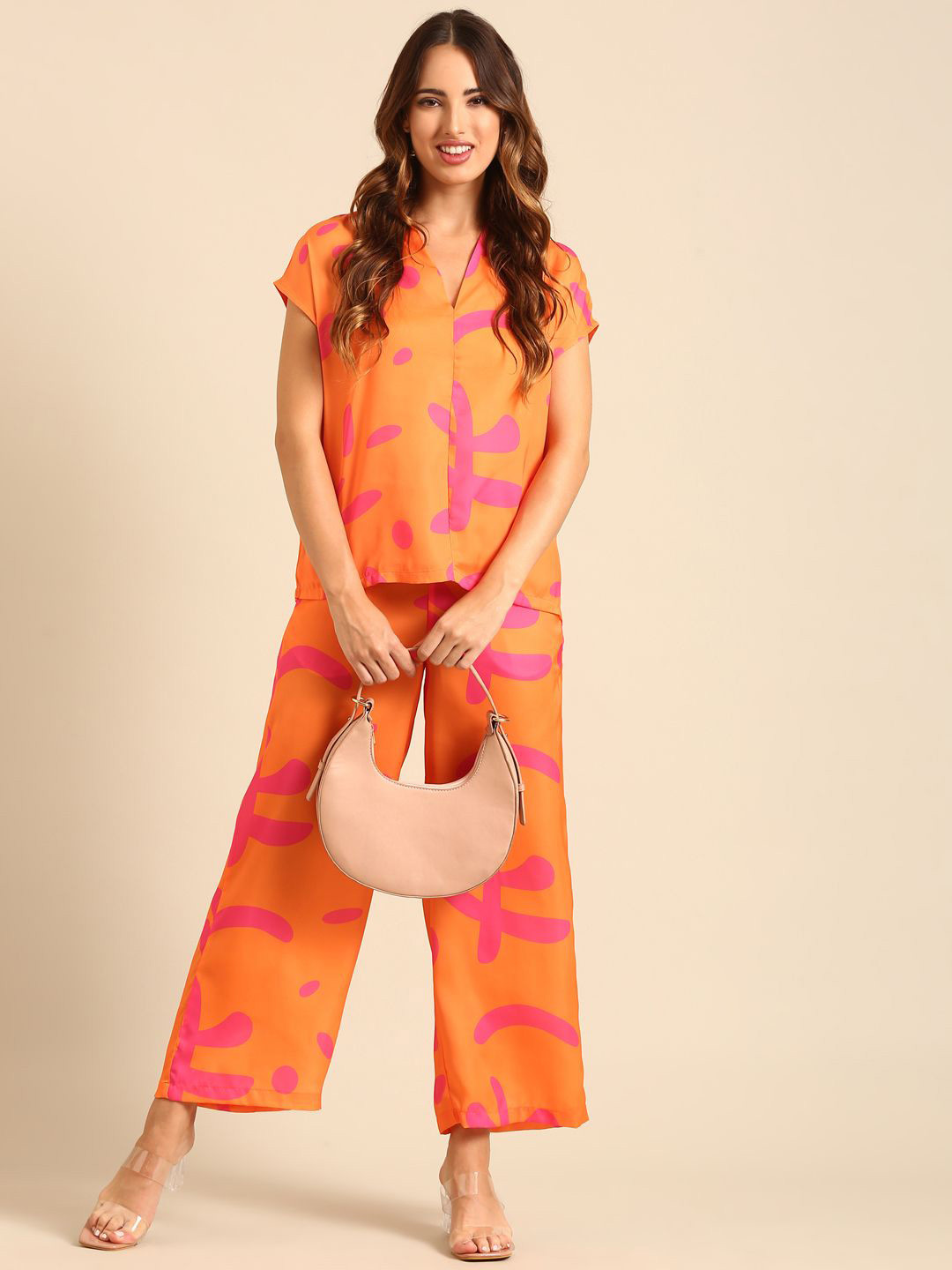De Moza Abstract Printed V Neck Top & Palazzo Co Ord Set