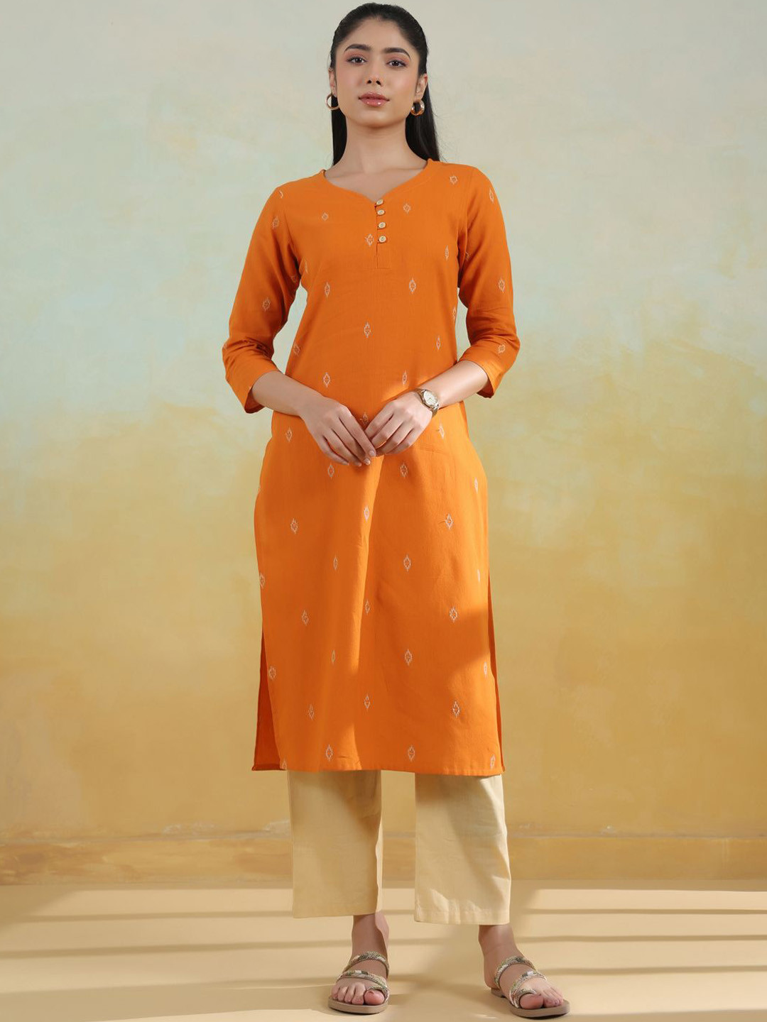 anayna Ethnic Motifs Printed Notch Neck Pure Cotton Kurta with Trousers
