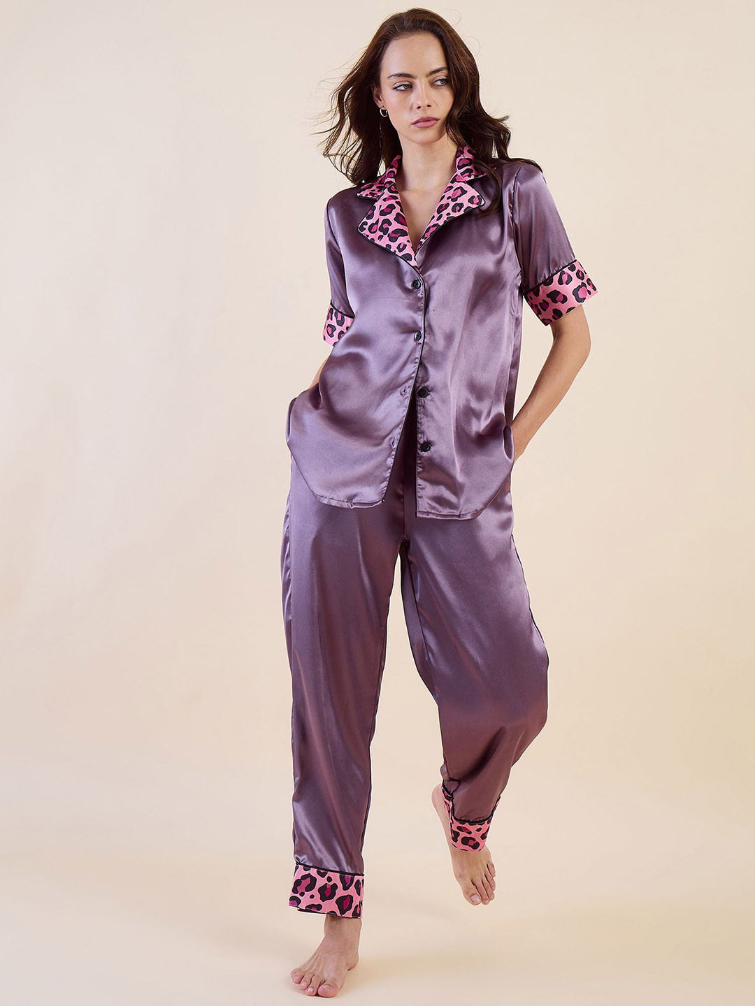 The Kaftan Company Women Animal Print Lapel Collar Night suit