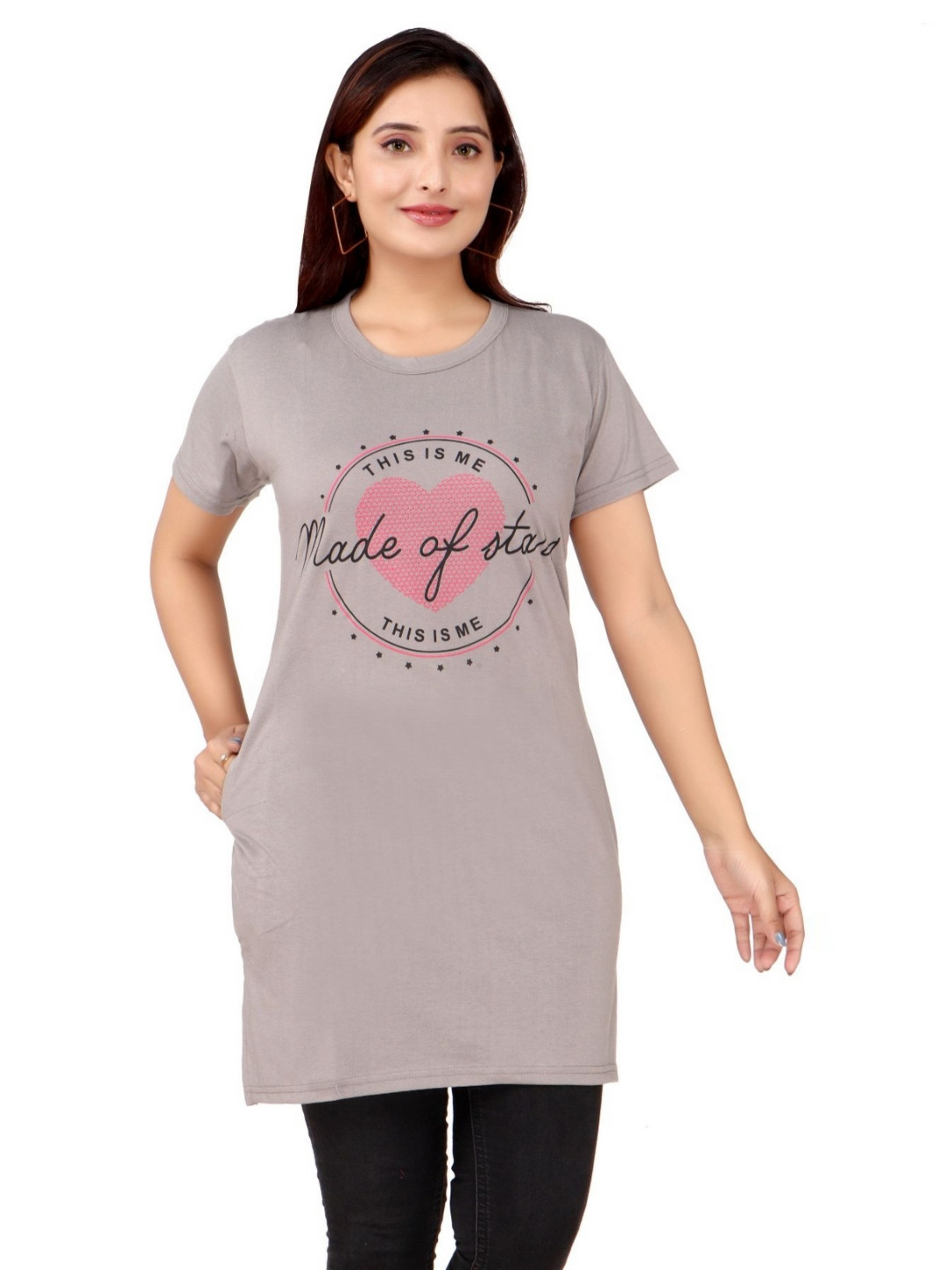 WOOL 4U Typography Printed Round Neck Short Sleeves Cotton Longline T-shirt