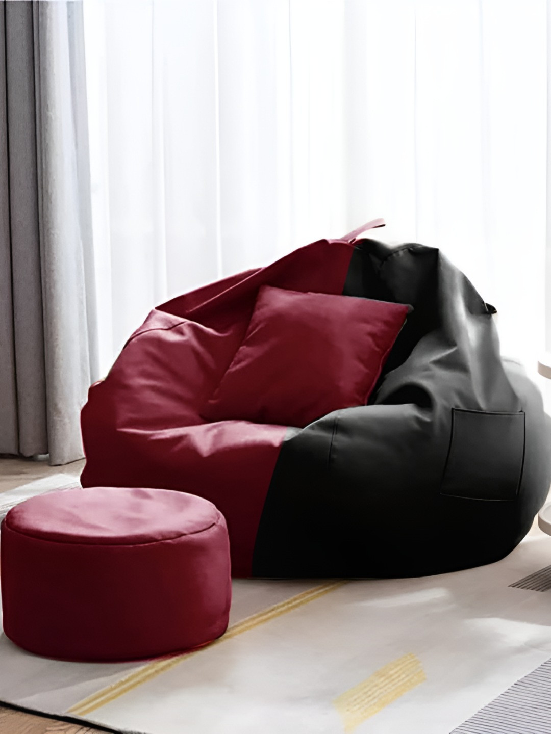 AARIJ MART 3-Pcs Black & Maroon Colour-Blocked Bean Bag With Footrest & Cushion