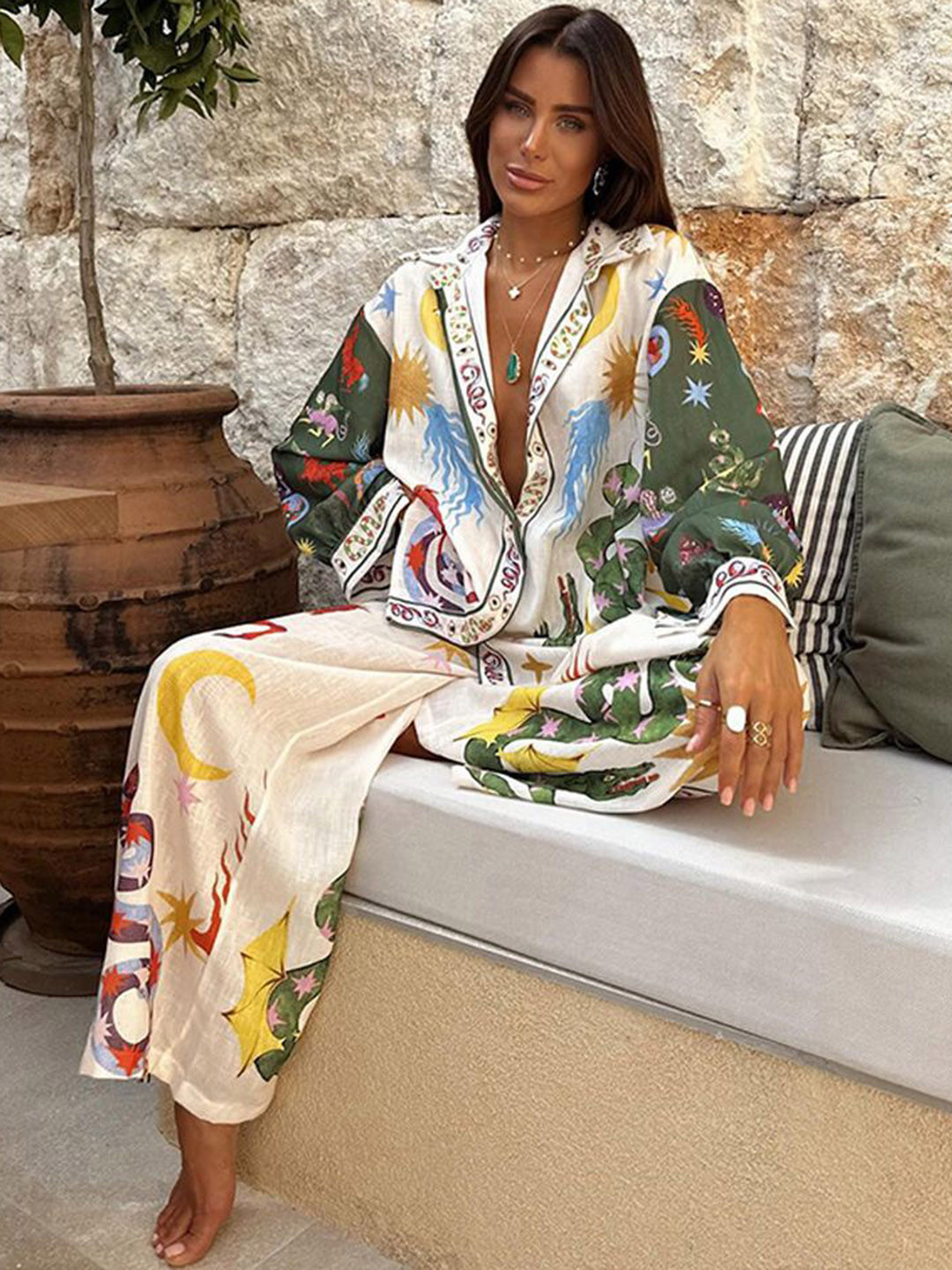 all about you Quirky Printed Notched Lapel Collar Shirt & Palazzos