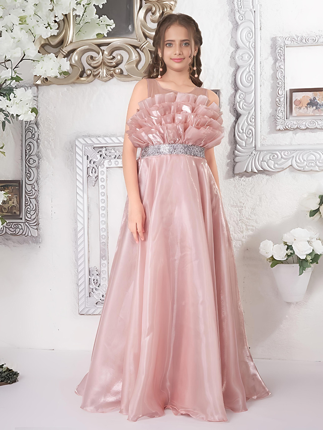 PINK LEAF Girls Round Neck Gown Dress