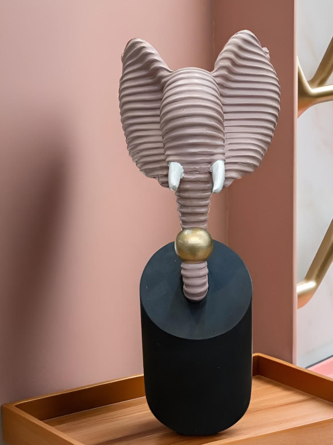 SANKALAN CREATIONS Ribbed Elephant Face Pink Polyresin Glossy Living Room Medium Showpiece - 10.6 Inches