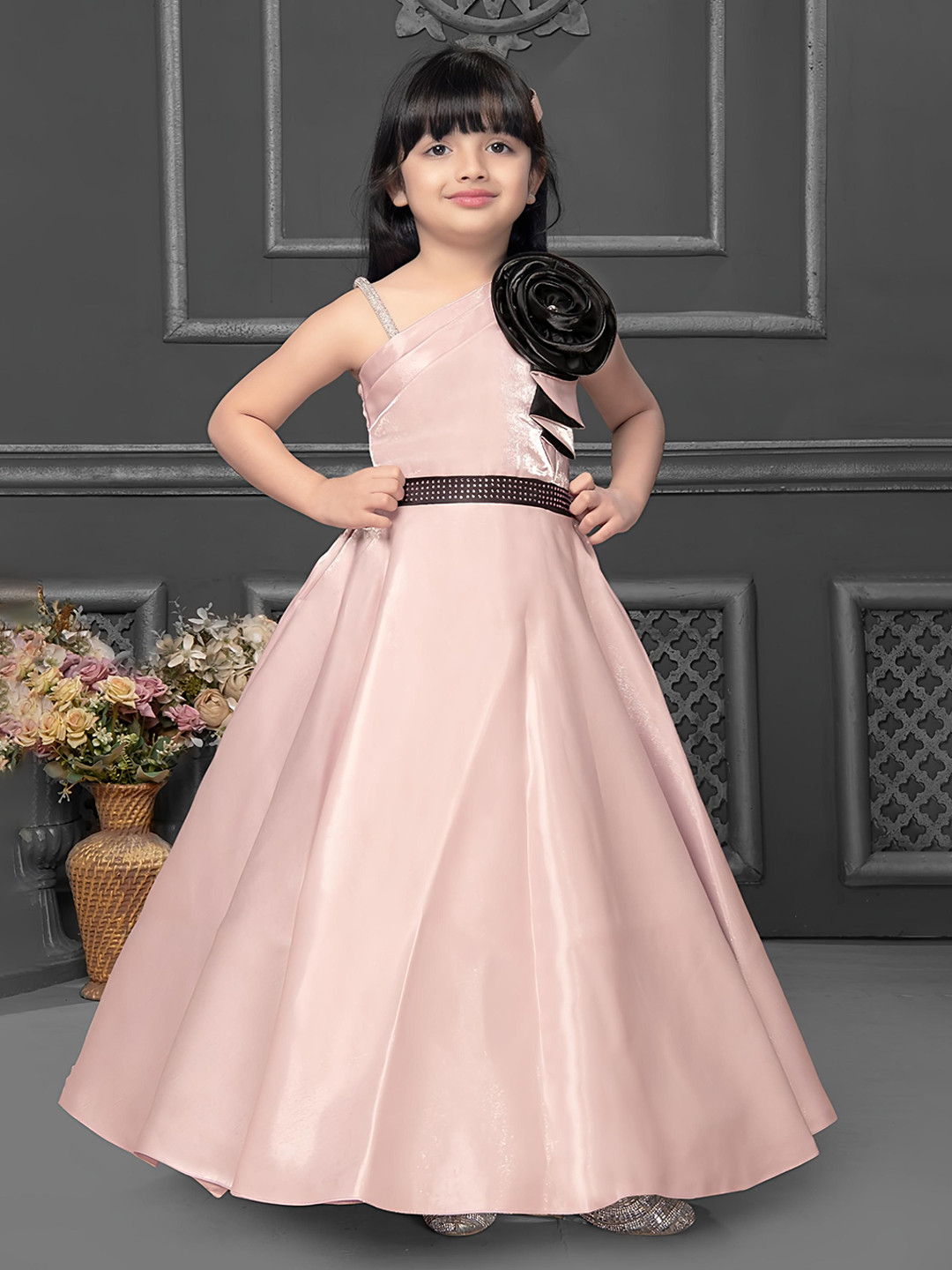 PINK LEAF Girls Assymetric Neck  Satin Gown Dress