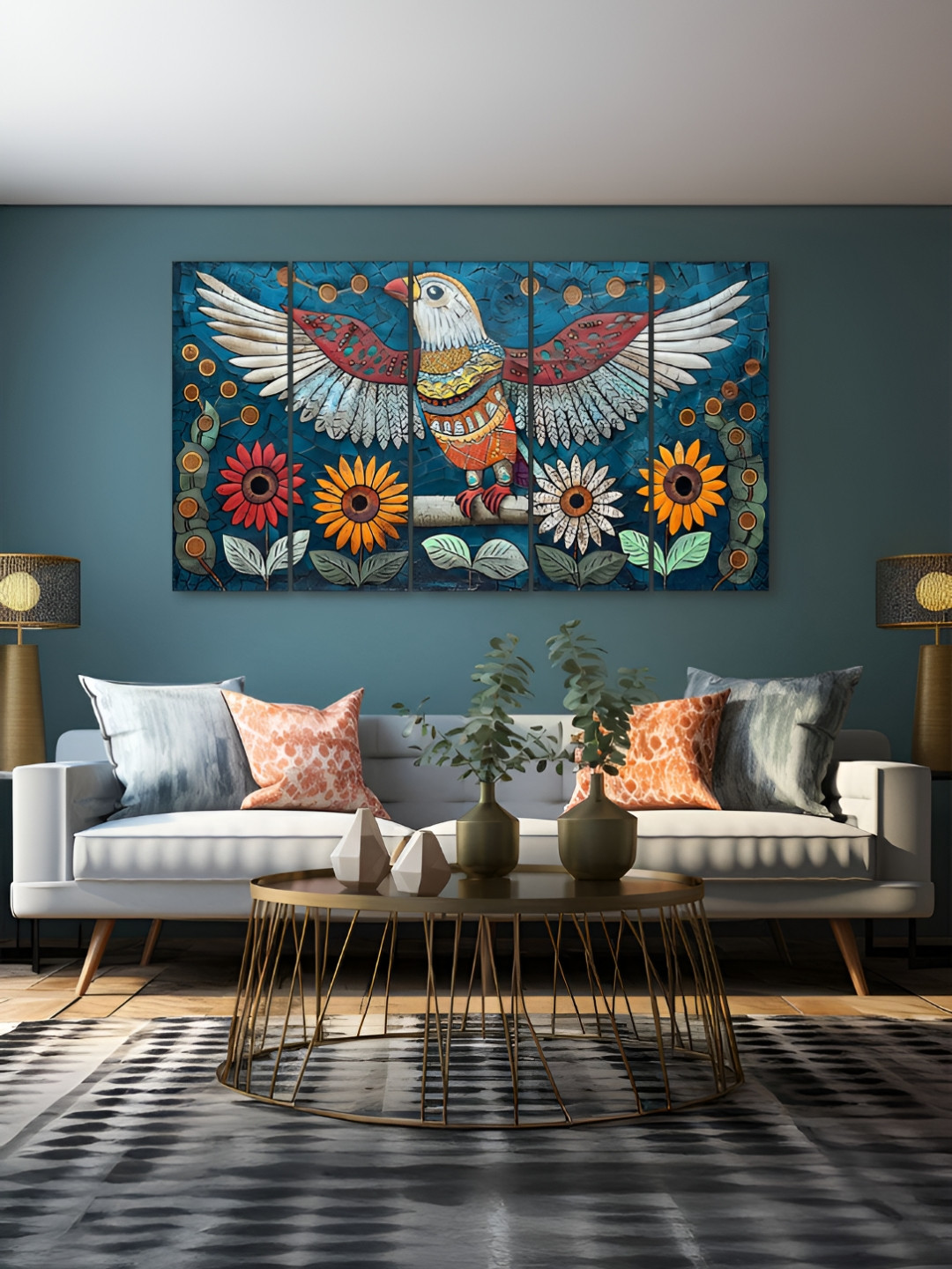 The Castle Decor White & Orange 5 Pieces Wooden Birds Wall Art