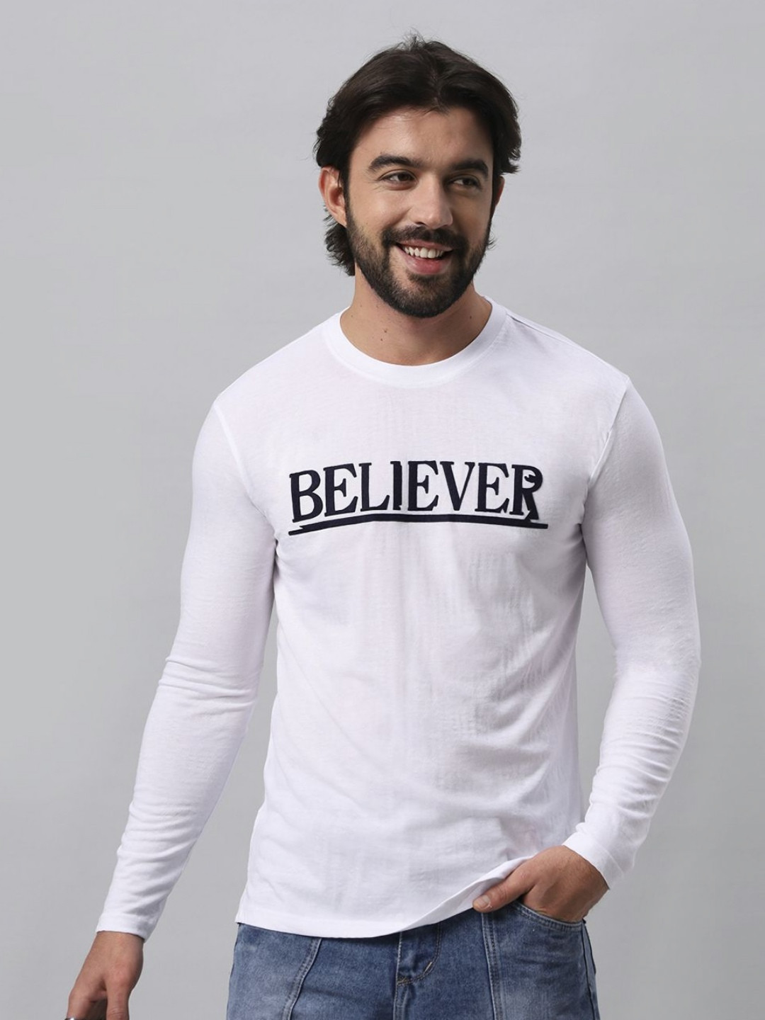 BE POSITIVE Typography Printed Round Neck Cotton T-shirt