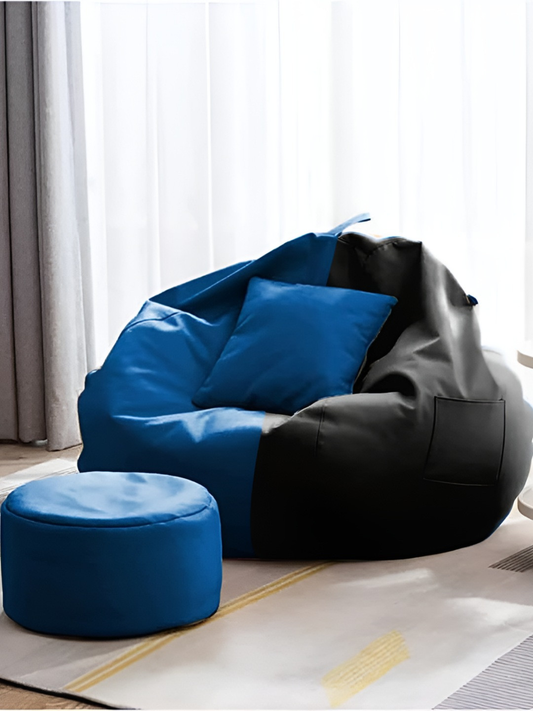 AARIJ MART Blue 3 Pieces Colourblocked Leather Bean Bag With Footrest & Cushion
