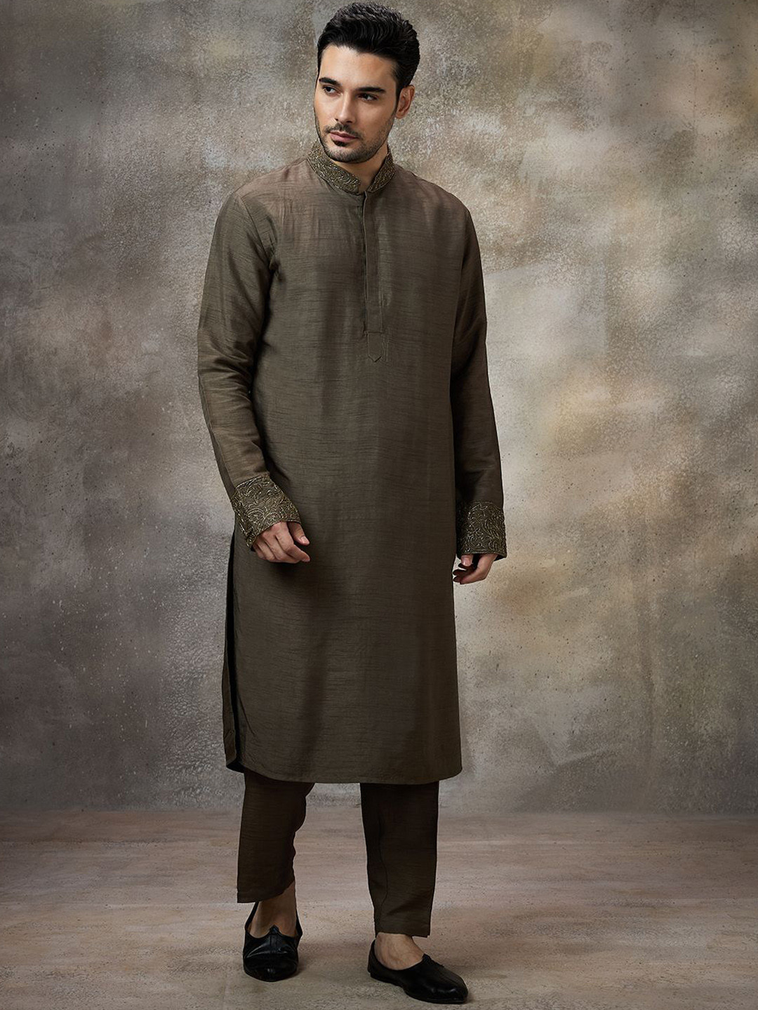 Rivaar By Rocky Star Yoke Design Beads and Stones Mandarin Collar Straight Kurta & Pyjama