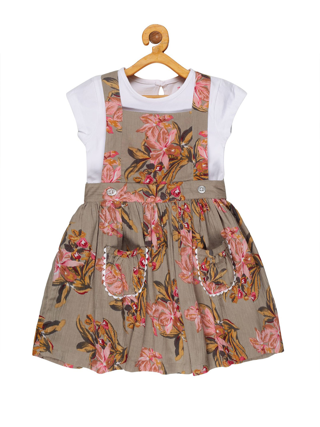 YOUNG BIRDS Girls Floral Printed Pinafore Dress With T-shirt