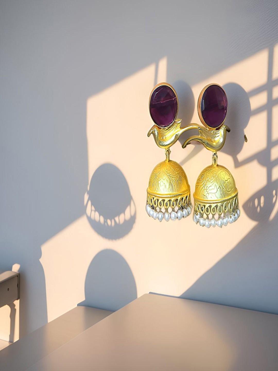 Bucciato Private Limited Gold-Plated Stones Studded & Beaded Dome Shaped Jhumkas