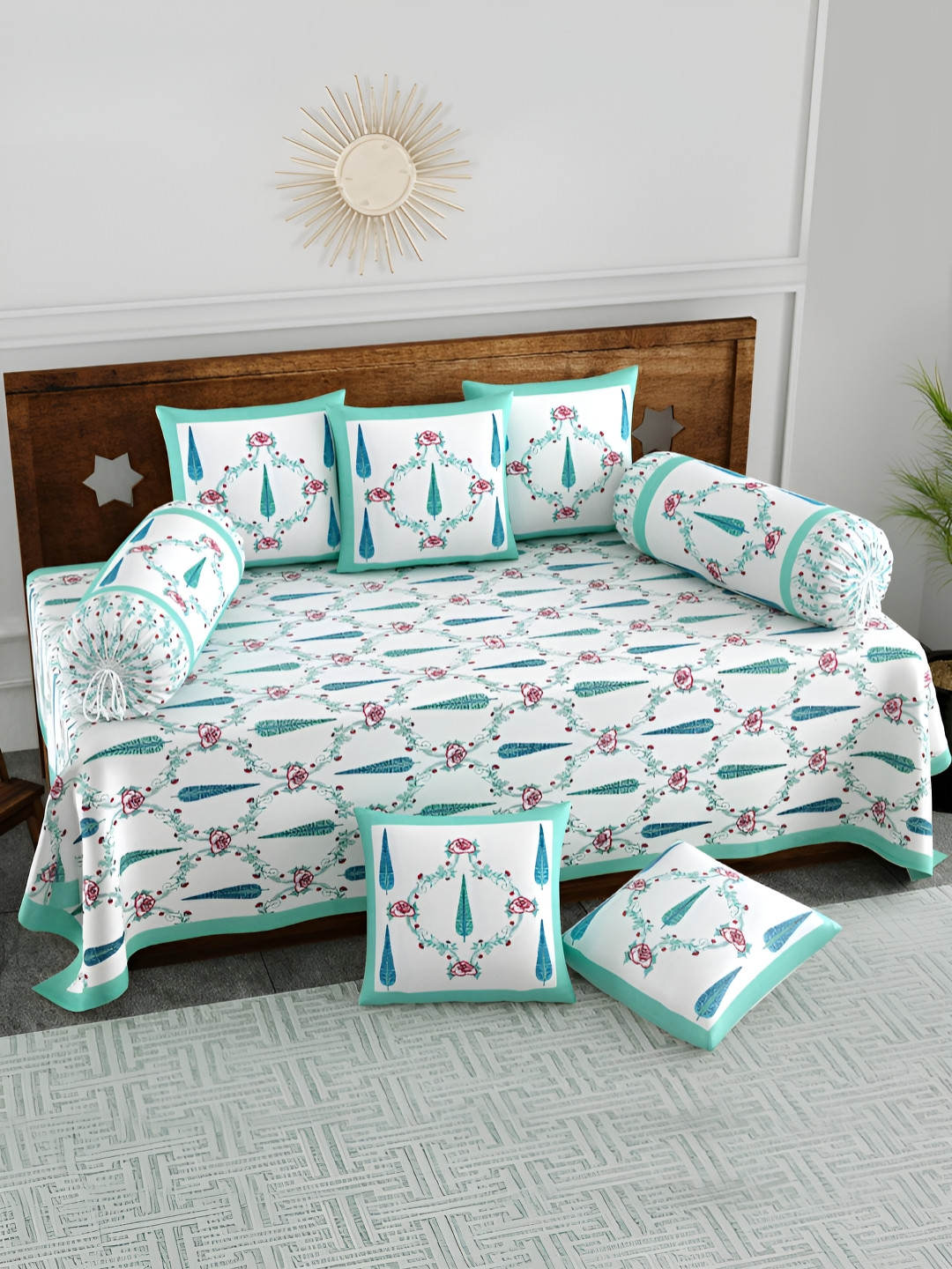 BLOCKS OF INDIA 8-Pcs Turquoise Blue & White Printed Pure Cotton DiwanSet