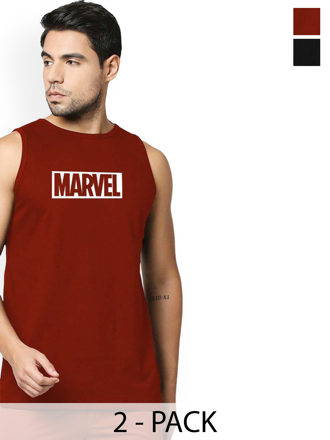 Organic Chics Pack Of 2 Printed Cotton Tank Vests Maroon Marvel - Black Infinity_S