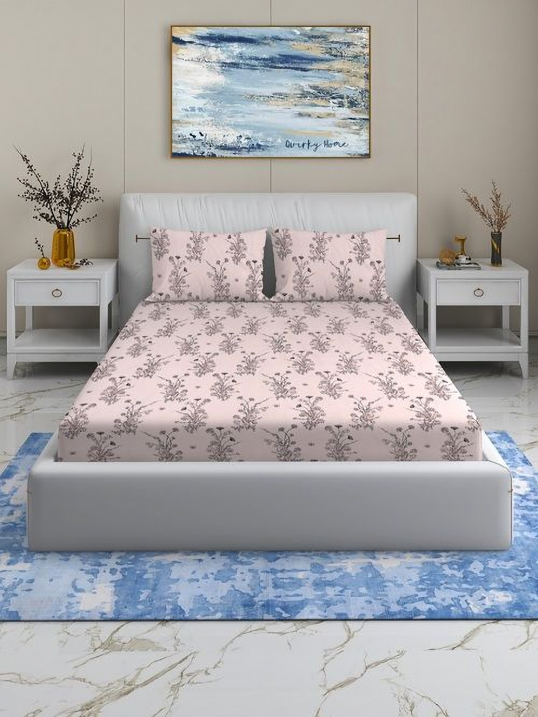 Quirky Home Rome Collection Rose Gold Floral Microfiber 180 TC King Superfine Bedsheet with 2 Pillow Covers-108 x 108 inches