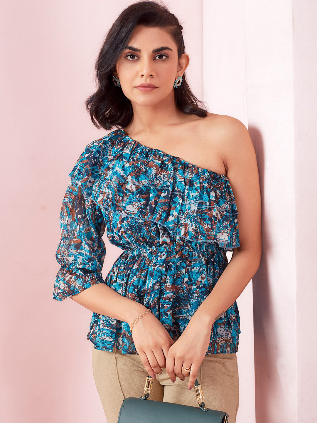 ASILYN Women Abstract Print One Shoulder Bell Sleeve Chiffon Peplum Top