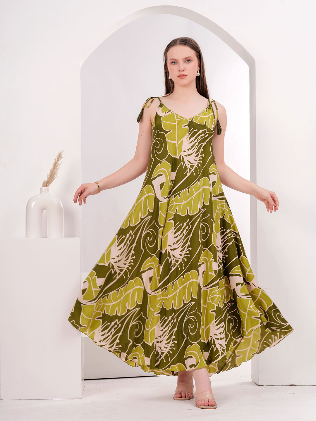 Sencei Women Tropical V-Neck Maxi Dress