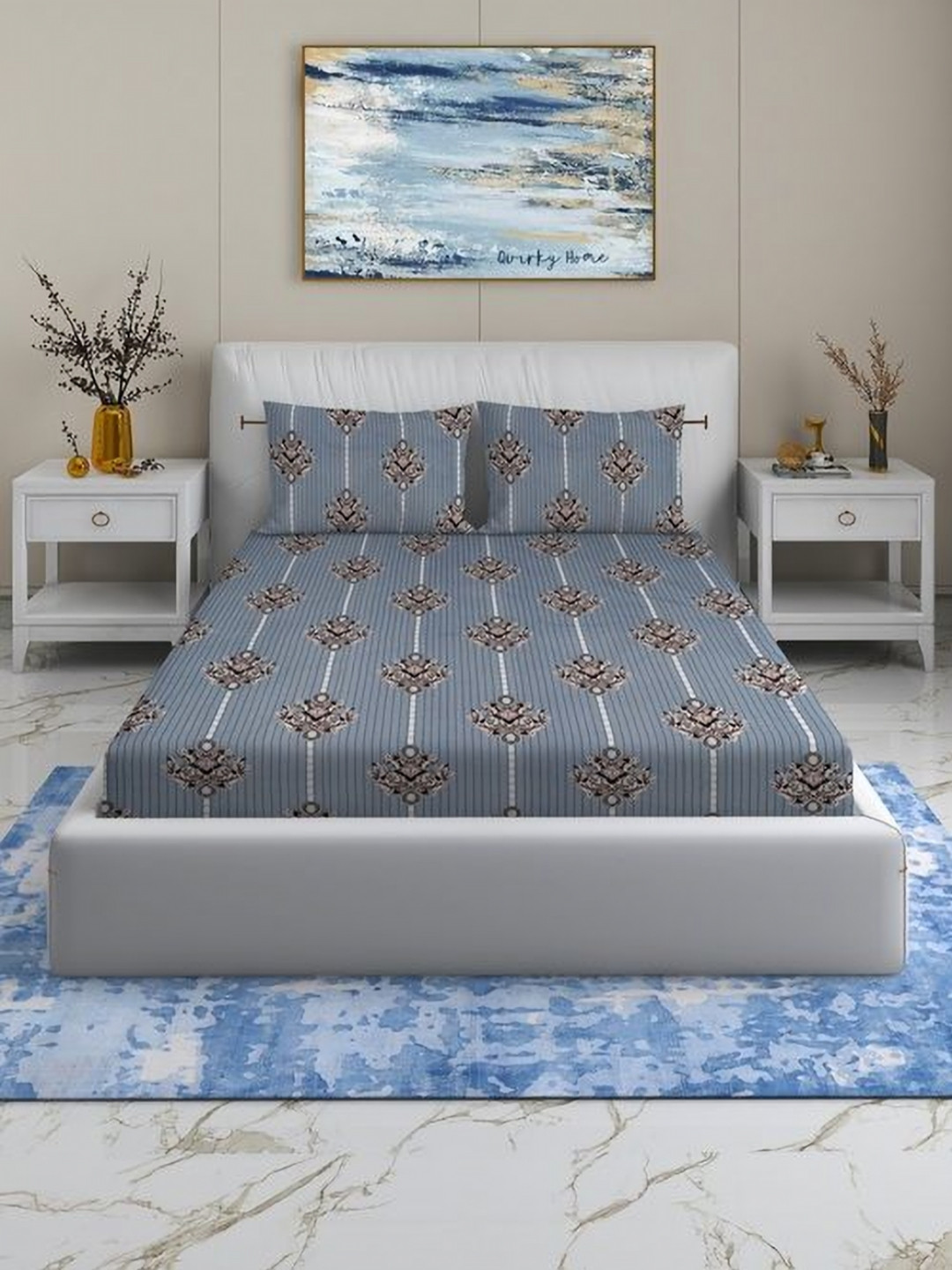 Quirky Home Rome Collection Grey Melange Ethnic Motifs Microfiber 180 TC King Superfine Bedsheet with 2 Pillow Covers-108 x 108 inches
