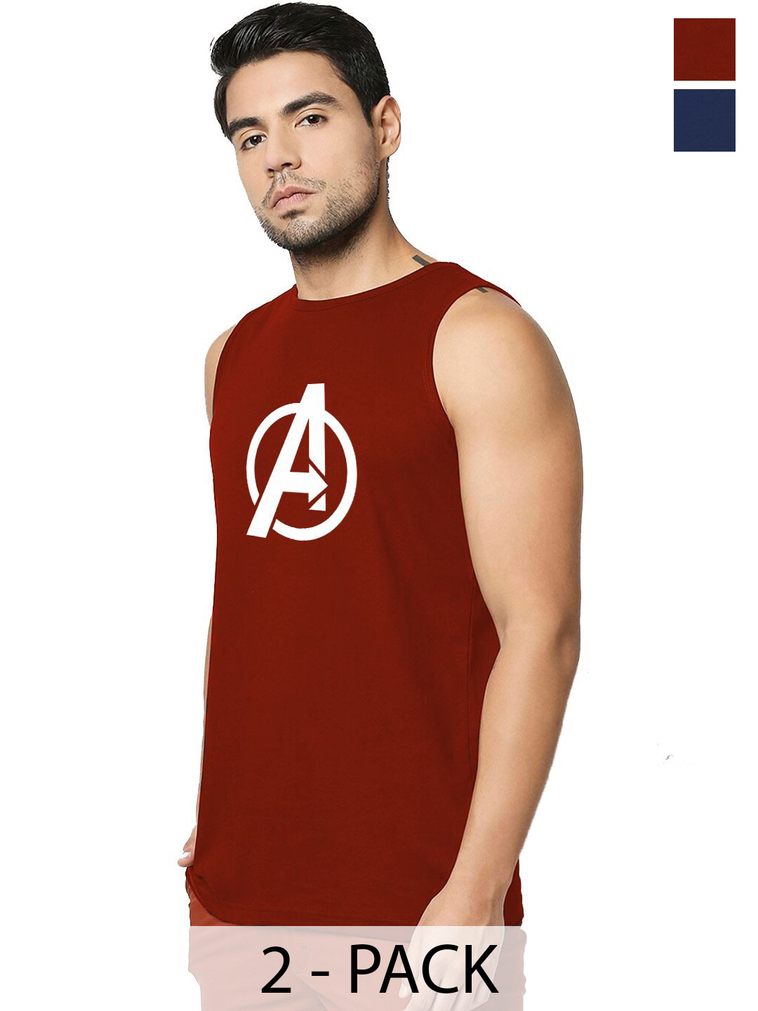 Organic Chics Pack Of 2 Printed Cotton Tank Vests Maroon Avenger - Navy Spider_S