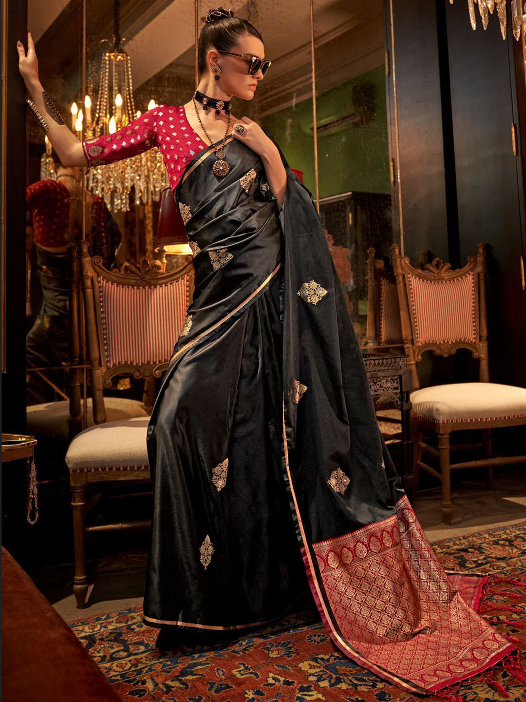 Anouk Bagh Ethnic Motifs Woven Design Zari Satin Banarasi Saree