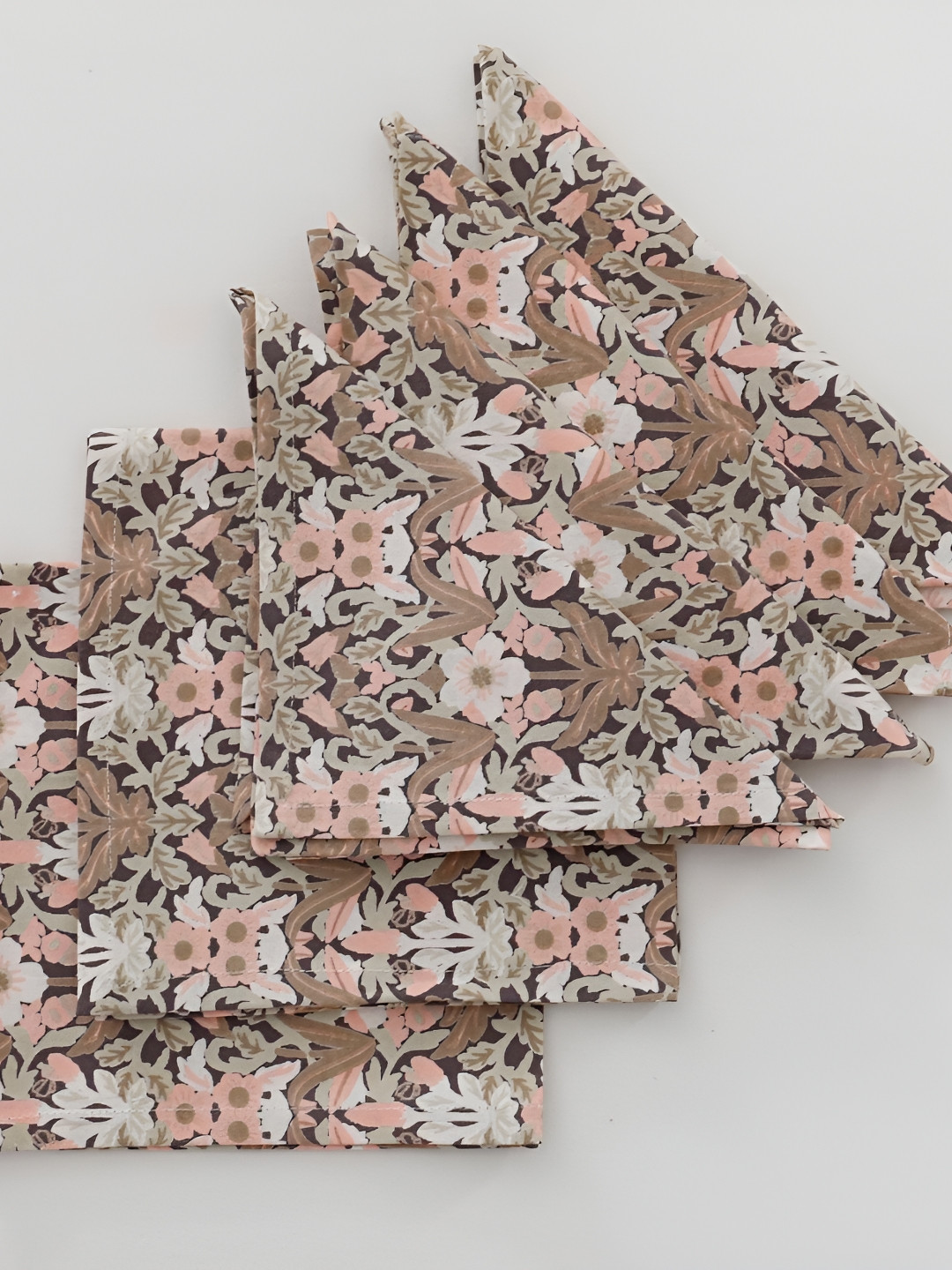 Ratan Cart 6Pcs Brown & Pink Floral Printed Cotton Table Napkins