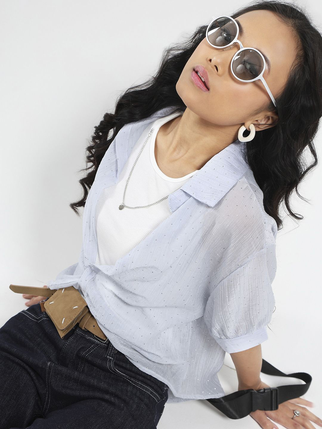 Sera Spread Collar Oversized Korean Shirt With Tank Top And Necklace