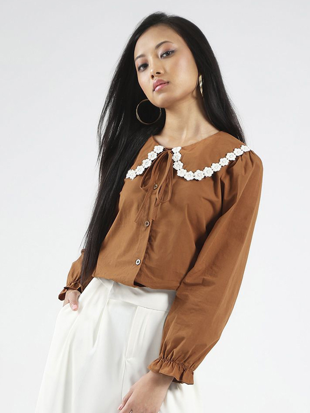 Sera Peter Pan Collar Floral Lace Oversized Cotton Korean Shirt