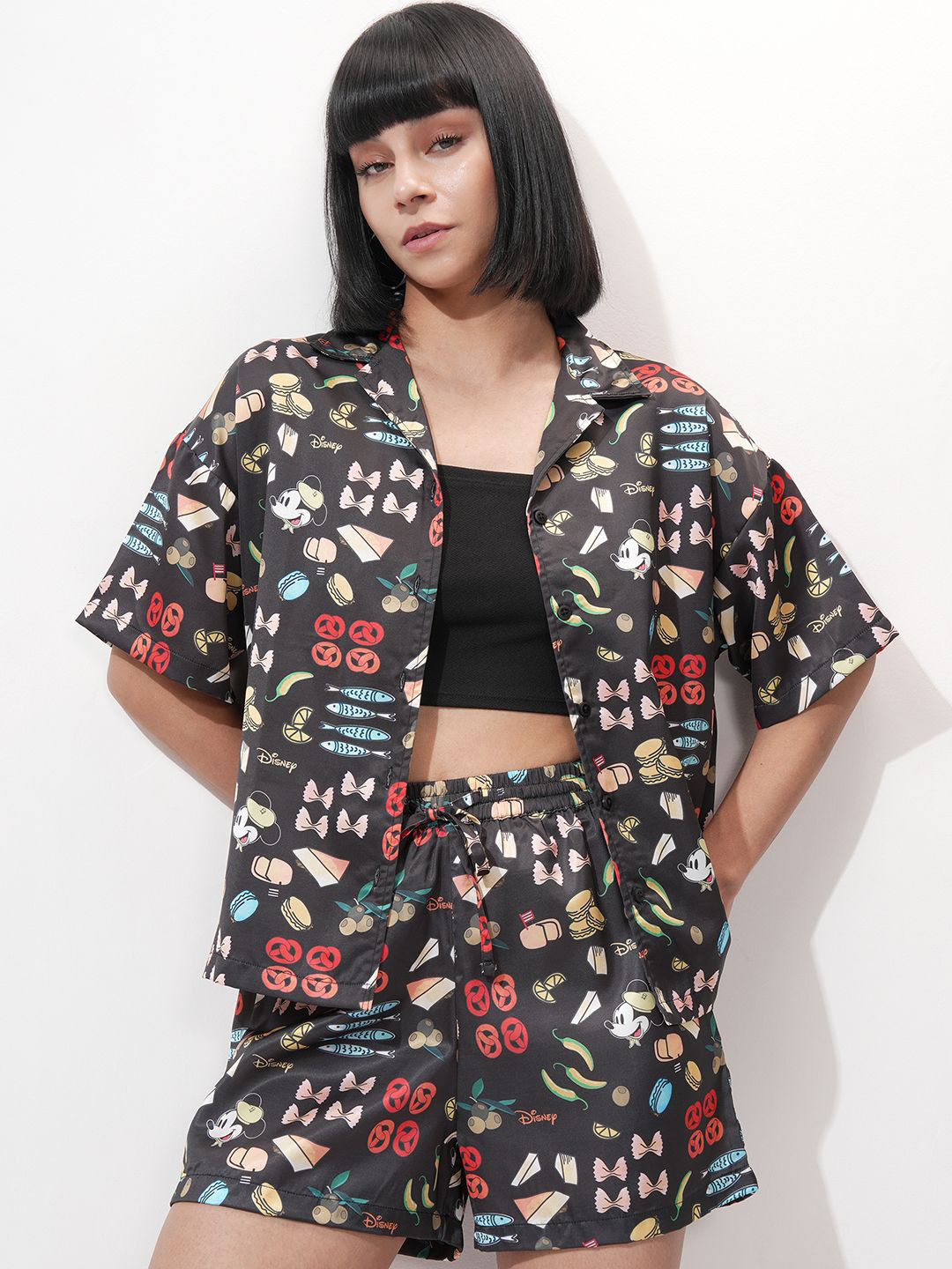 Tokyo Talkies Minnie Mouse Printed Shirt Collar Shirt With Shorts