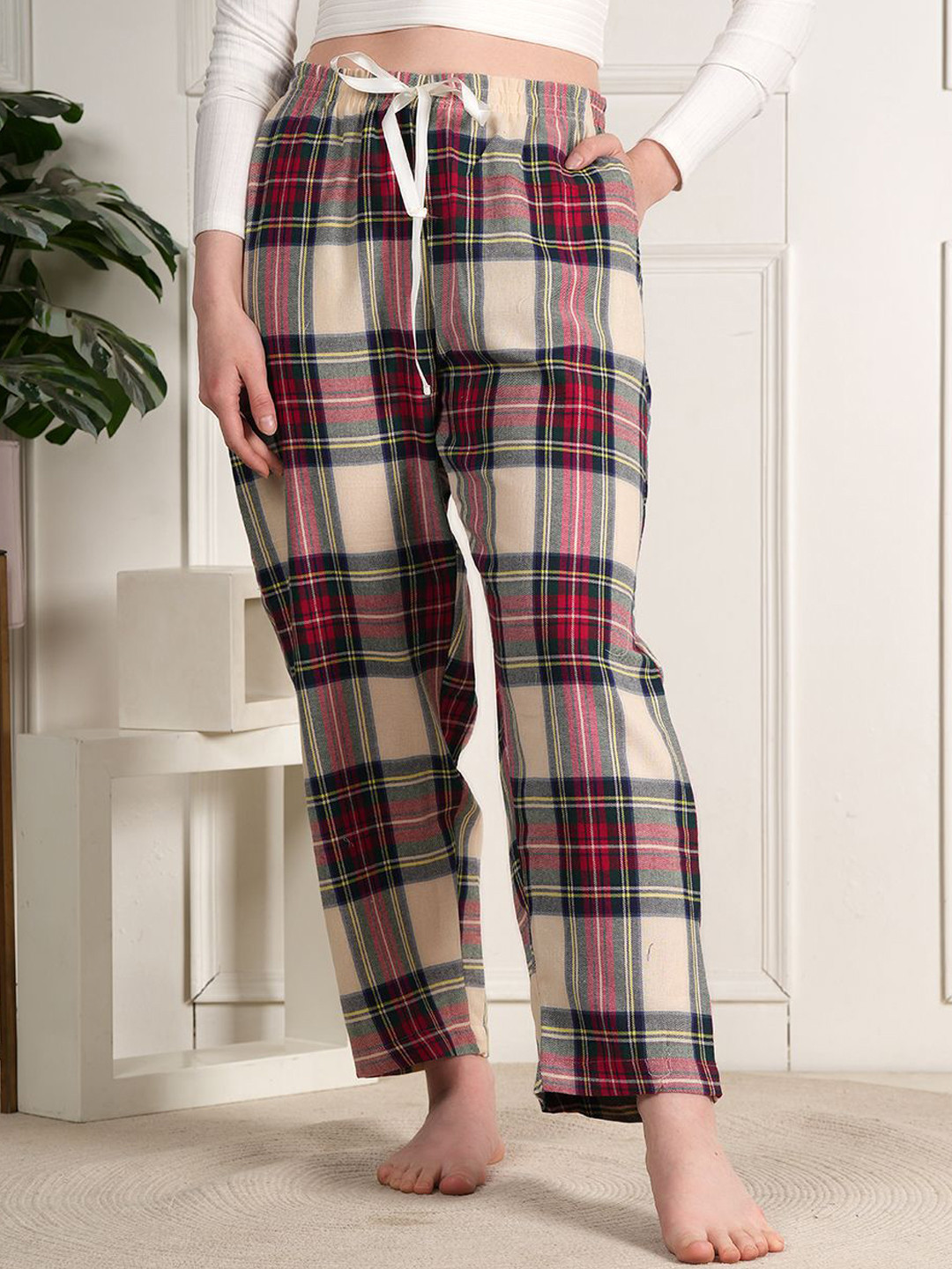 Style Shoes Checked Cotton Relaxed-Fit Straight-Leg Lounge Pants
