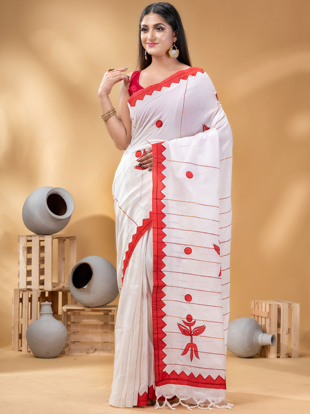 DESH BIDESH Embellished Pure Cotton Taant Saree With Trinayani Durga Design