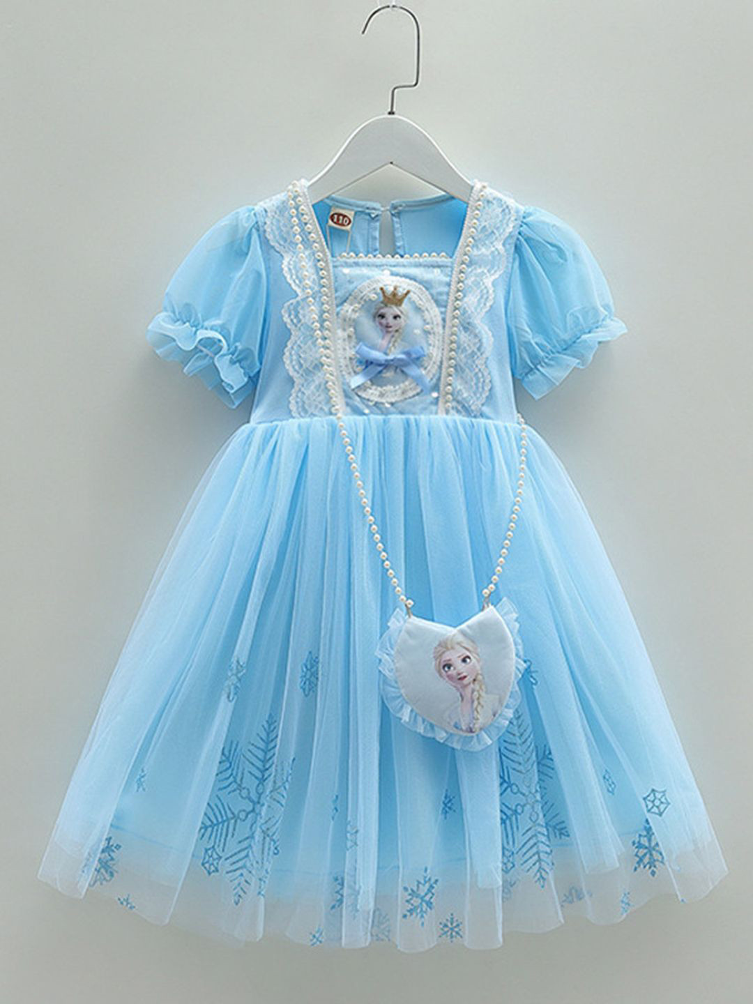 YK Elsa & Anna Printed Lace Inserts Detail Fit & Flare Dress With Bag