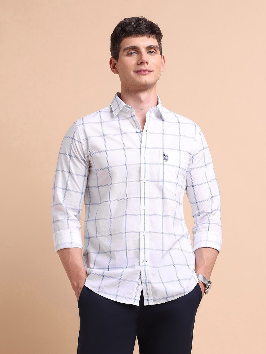 U.S. Polo Assn. Windowpane Checked Opaque Pure Cotton Classic Tailored Fit Casual Shirt