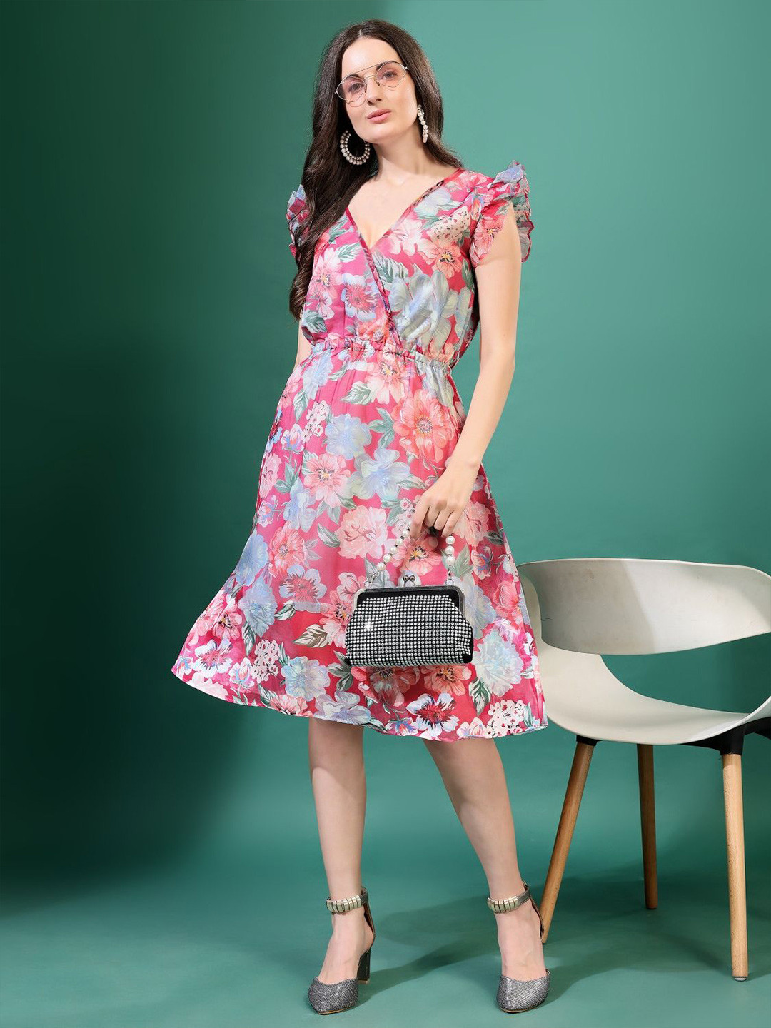 POOJARAN SAREE Floral Print Ruffled Georgette Fit & Flare Short Dress