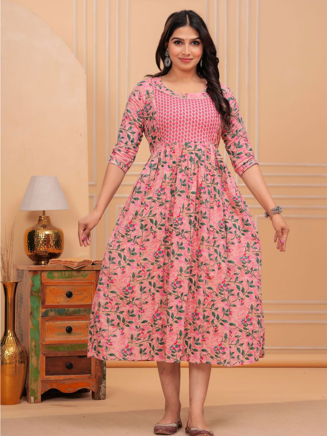 ANUOM Women Pink Floral Print Fit & Flare Maternity Dress