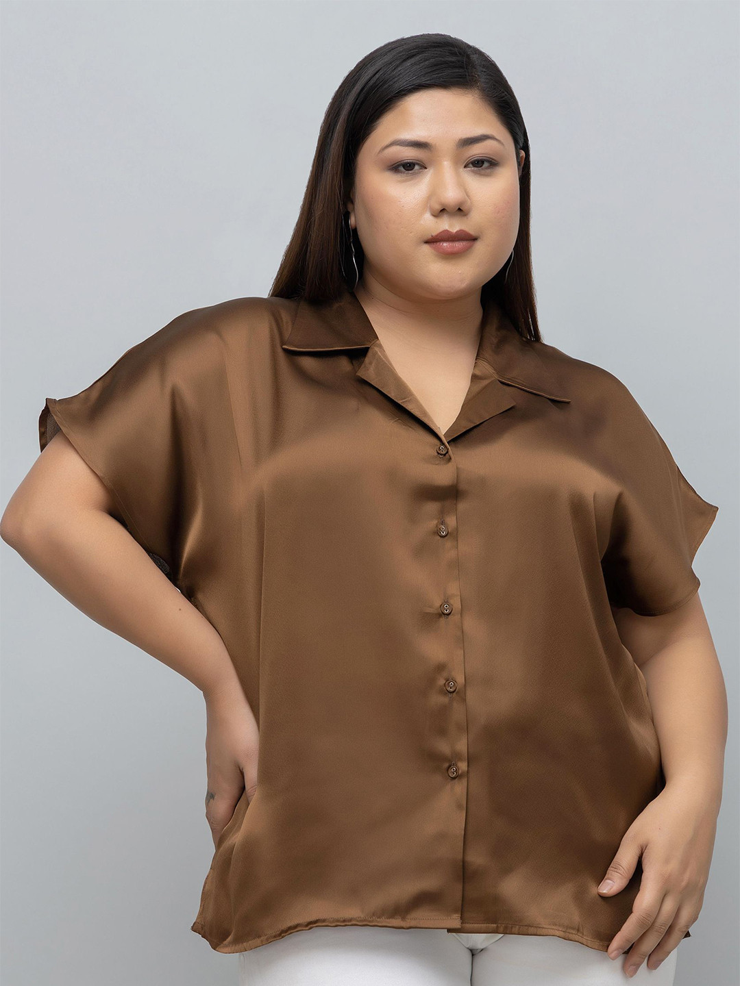 PURYS PLUS Women Standard Lapel Collar Relaxed Fit Satin Casual Shirt