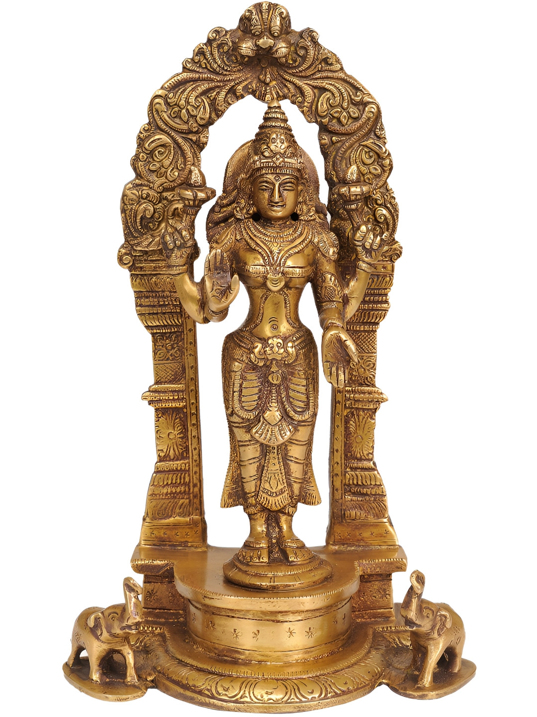 Exotic India Goddess Lakshmi with Prabhavali Gold Brass Metallic Prayer Room Medium Showpiece - 9.5 Inches