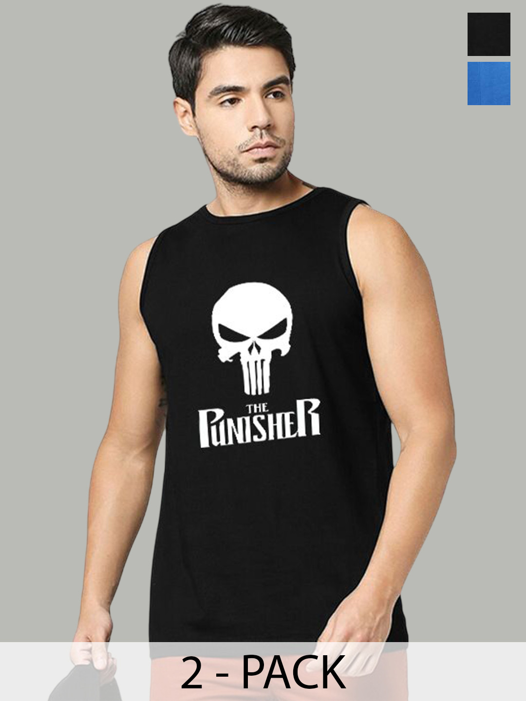 Organic Chics Pack Of 2 Printed Cotton Tank Vests Royal Marvel - Black Punisher_S