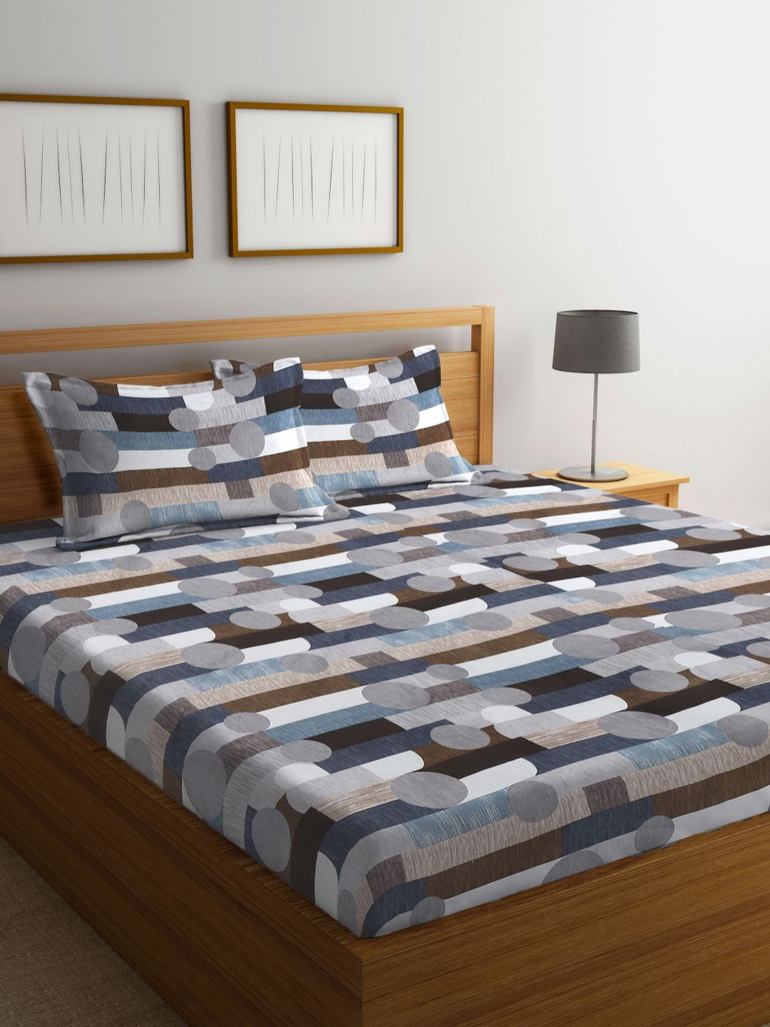 Myntra Elegant Homes Grey & Blue Printed 300 TC King Bedsheet Set 2.7 m x 2.7 m