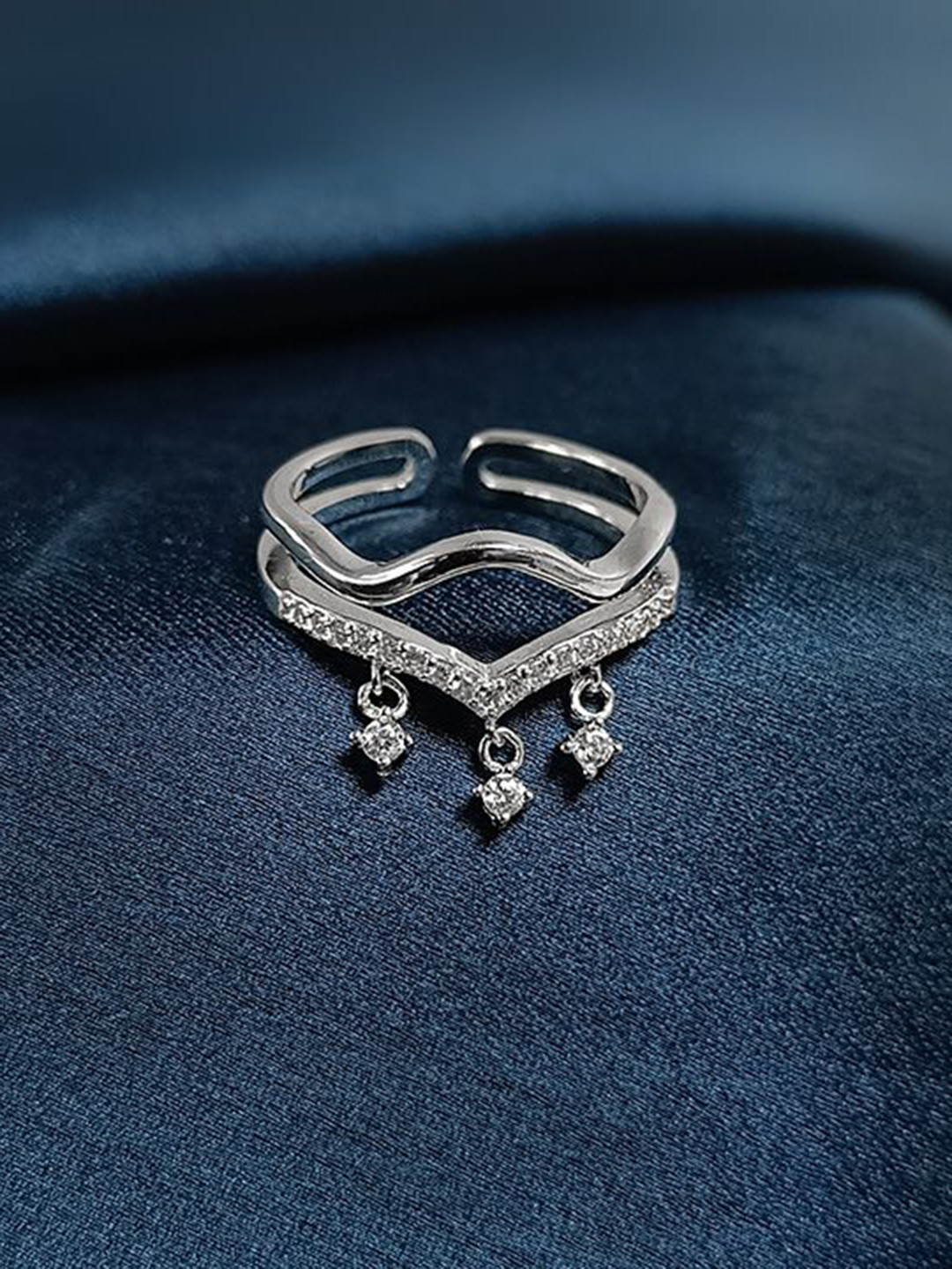 925 Silver Rhodium-Plated CZ Studded Adjustable Two Layer Modish Finger Ring