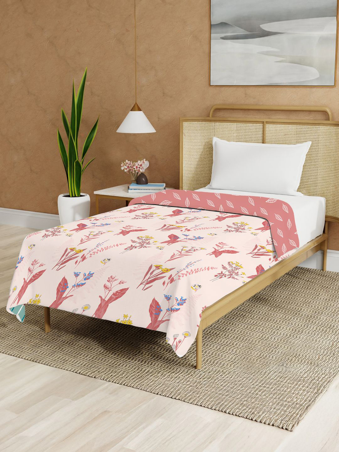 URBAN SPACE Peach-Coloured & Blue Floral Malmal Cotton 90 GSM AC Room Single Bed Dohar