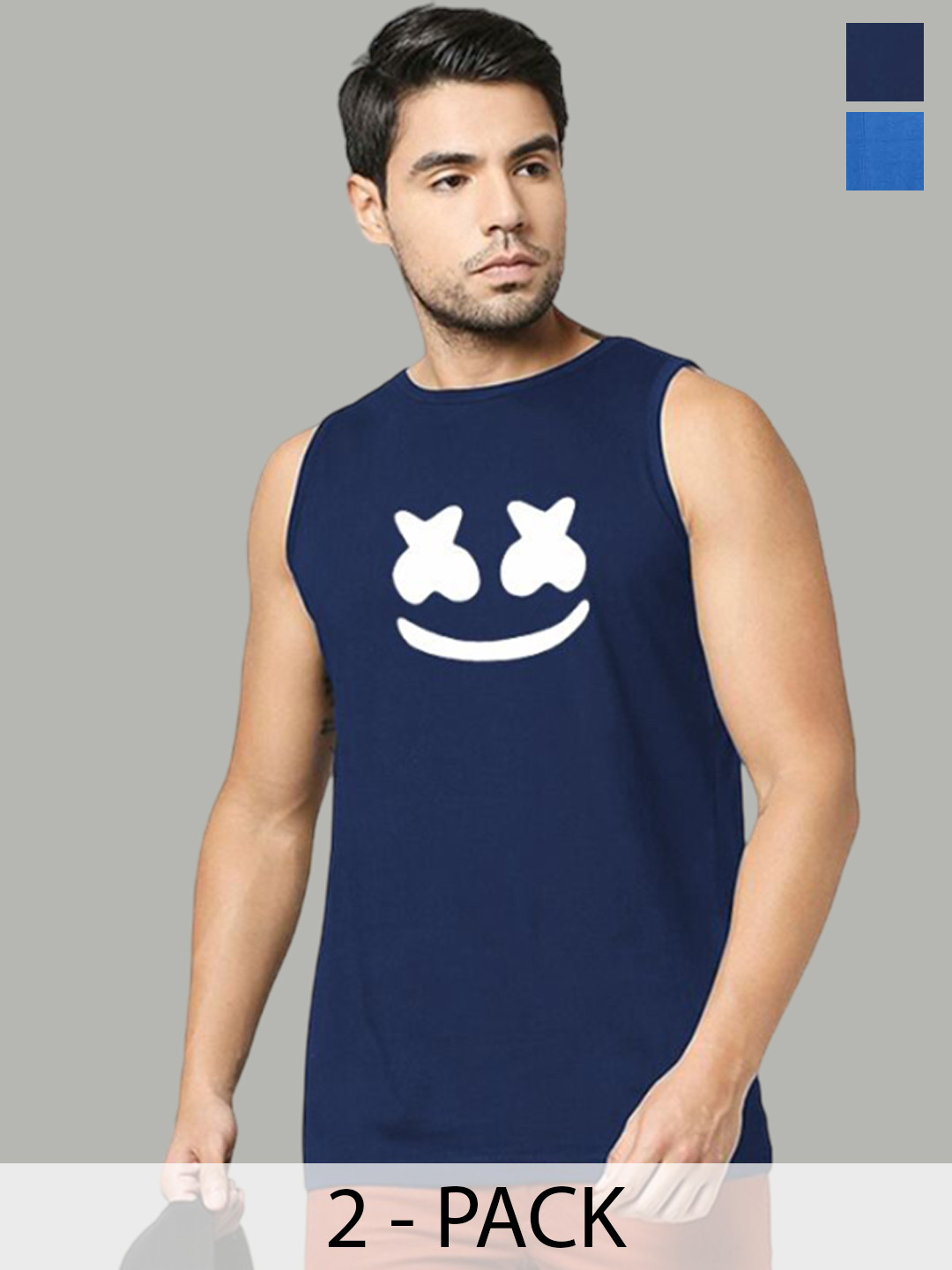 Organic Chics Pack Of 2 Printed Cotton Tank Vests NavyMarshmellow-RoyalKing_S